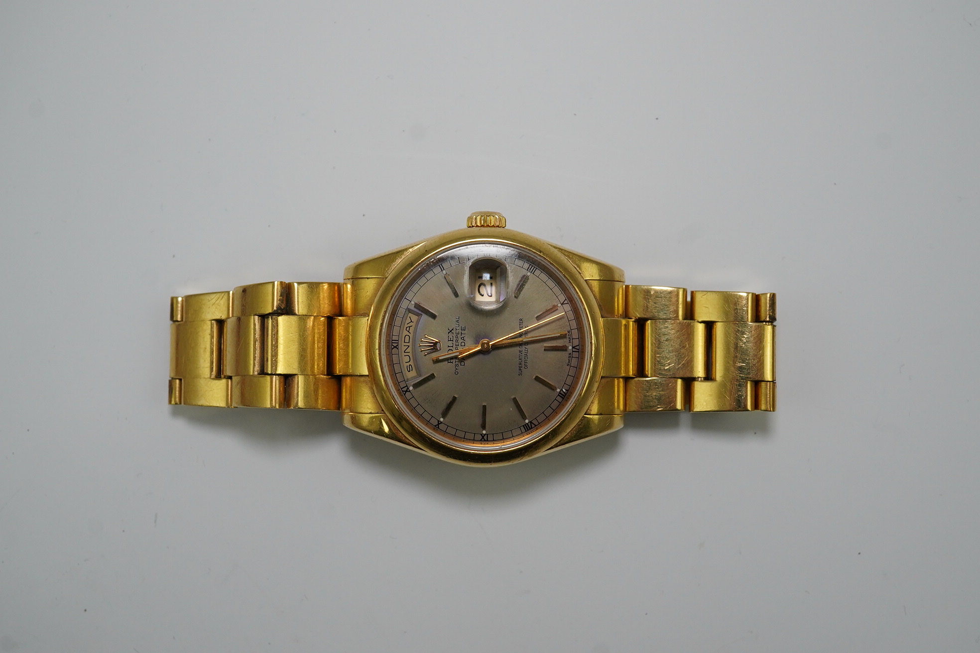 A gentleman's 2001 18ct gold Rolex Oyster Perpetual Day Date wrist watch, on an 18ct gold Rolex bracelet numbered 73858